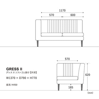 グレスソファ 2人掛け左肘 鉄脚