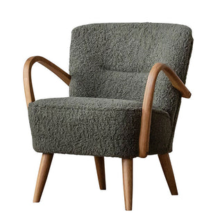 優雅な曲線の木肘とシックな生地が、レトロで上品な印象を与えます。